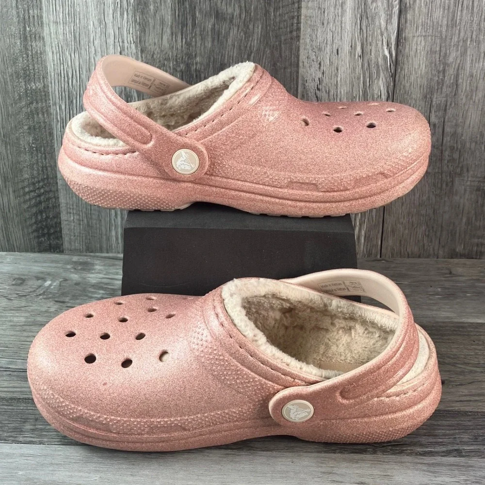 Crocs Classic Lined Clog Rose Gold Glitter Kids J1 Fuzzy Slip On Shoes